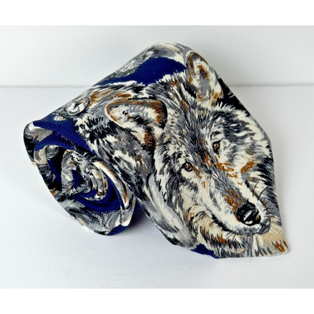 Vintage WWF World Wildlife Fund Neck Tie‎ Mens Silk Grey Wolves Animal 90s USA